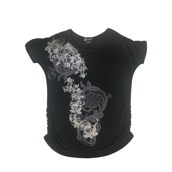 Joujou Womens Top Size 3X Ruched Arms & Sides Black w/Silver Grey Floral Detail - Picture 8 of 10
